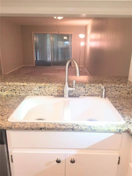 Sink overlooking passthrough into Living and dining room