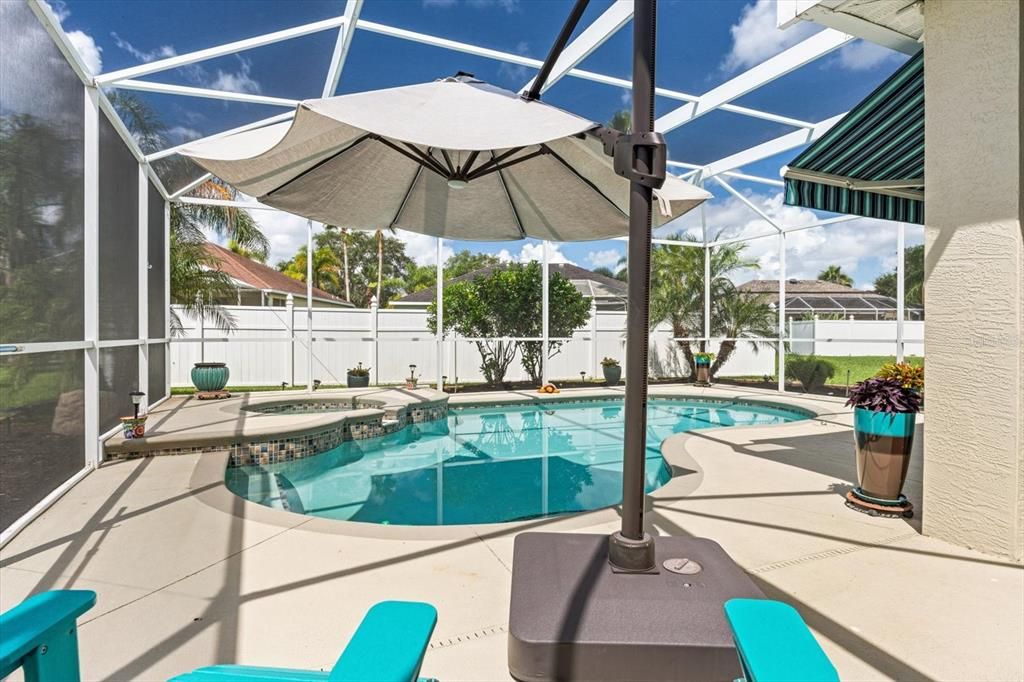 Caged lanai with heated saltwater pool and spa.