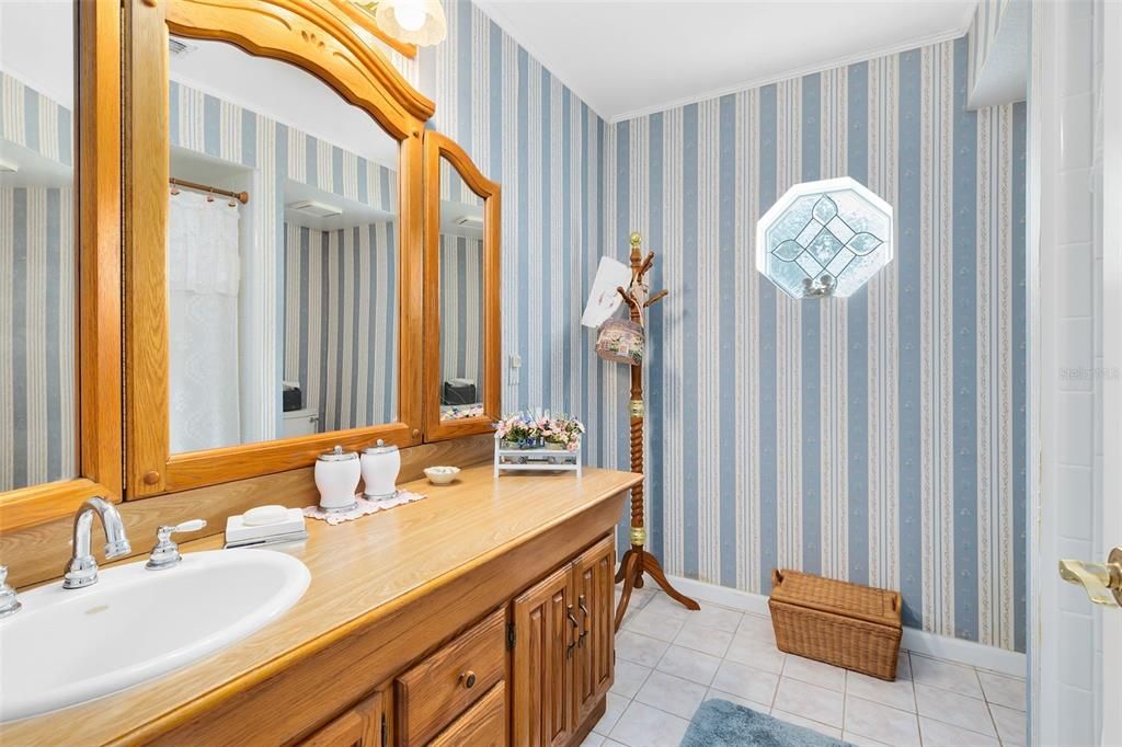 Downstairs Spacious Bathroom with Tub and Custom Vanity