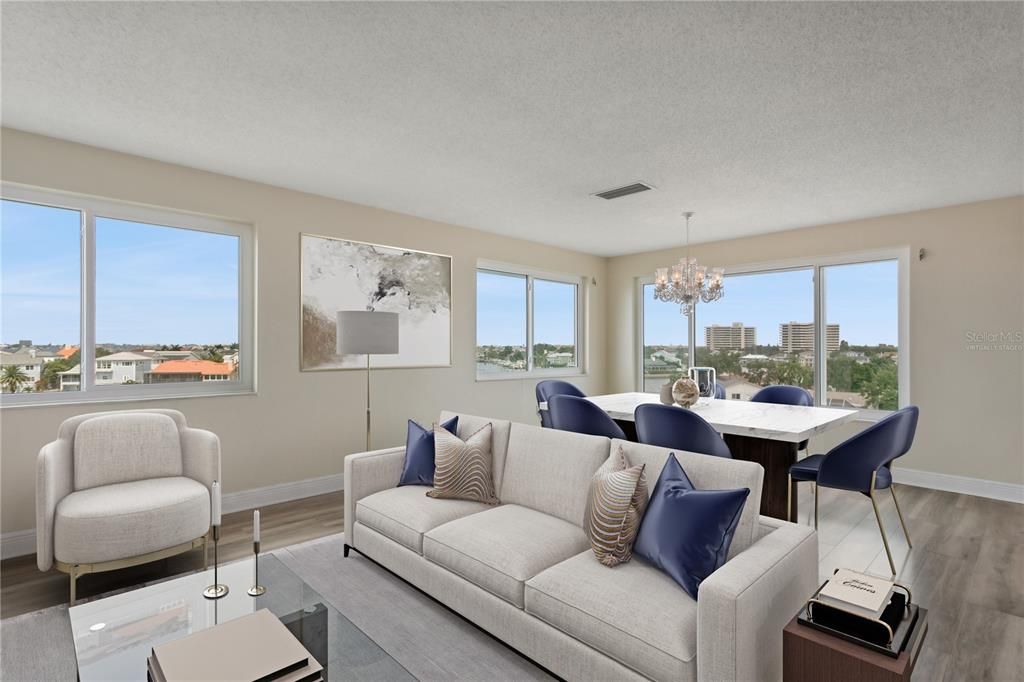 Waterview from living area - virtually staged