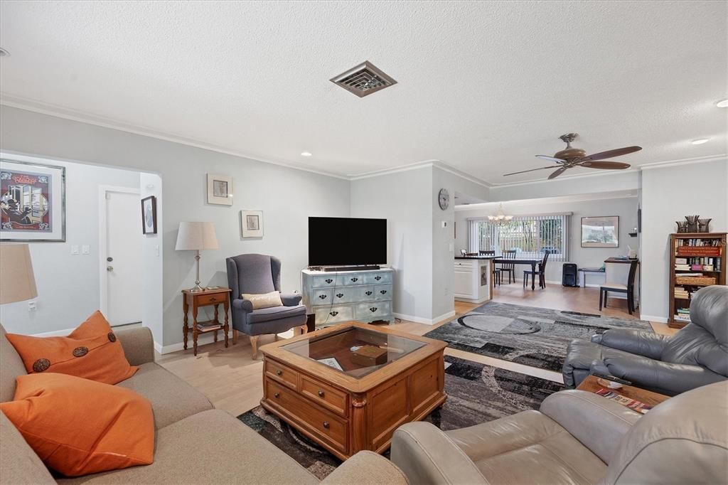 Living room open to kitchen and dining room