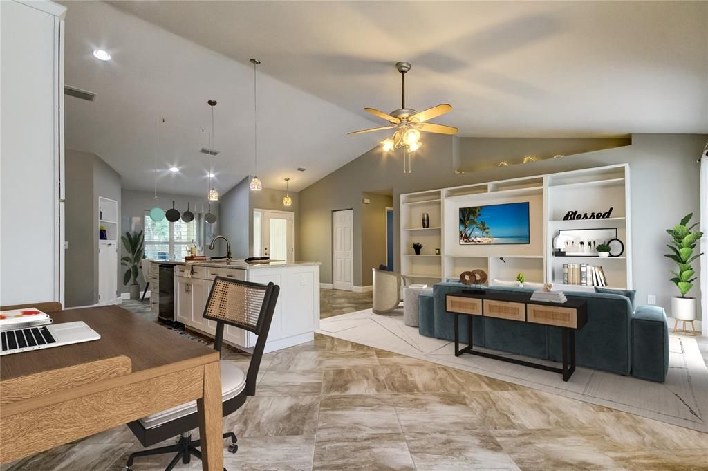 Virtually Staged: An idea or option for furniture arrangement in the Great Room by Leaving the Bookshelves and Center Console in Place! Use the Opening by Kitchen for a Home Office! *SEE the Hanging Pots n Pans Rack Over the Island?