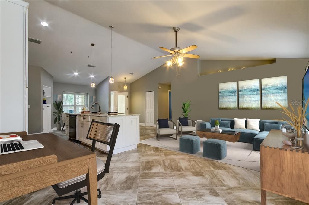 Virtually Staged: An idea or option for furniture arrangement in the Great Room by Removing the Bookshelves and Center Console.. and Mount TV In Between the Sliding Glass Doors! Use the Wall to the Left of Kitchen as Your Home Office!