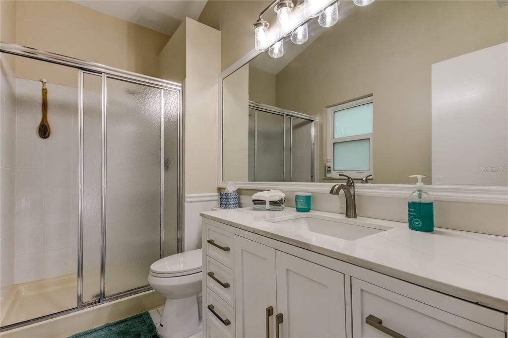 Walk in Shower is Squeaky Clean Plastic Molded Walls & Showerpan.. You Can Update to Your Personal Style When You Choose.. For Now, It's Just Fine!