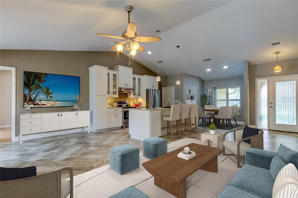 Virtually Staged: More Ways Than You Think at 1st Site on How to Furnish the Living Room! Here's a version of arrangement with the TV mounted to the Wall Across from Furniture! See Dining Room Over in the Nook Space Aside the Front Door?