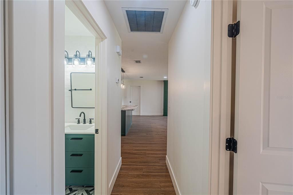 Hall looking towards living room from guest bedrooms.