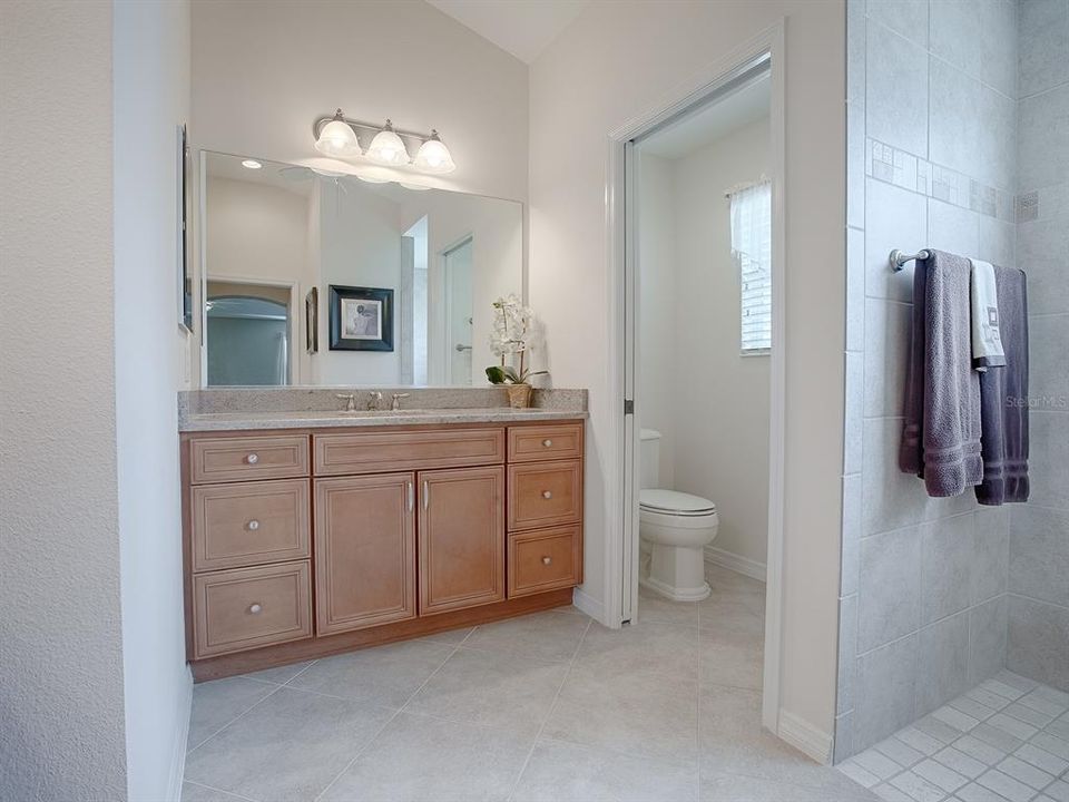 SEPARATE TOILET ROOM BEHIND A POCKET DOOR AND ROMAN SHOWER.