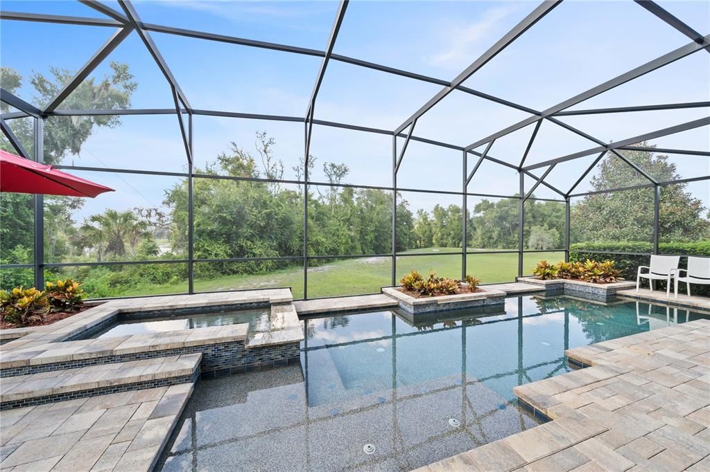 Relax in the custom pool with sun shelf and hot tub overlooking tranquil setting