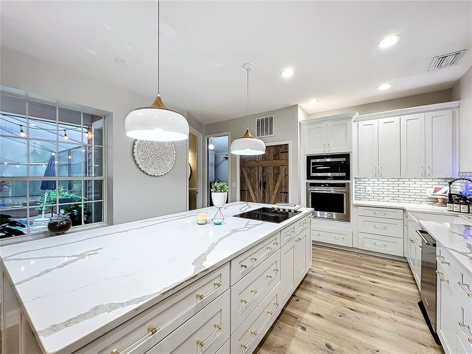 Calcutta quartz on this expansive double sided island with a down draft exhaust on stove