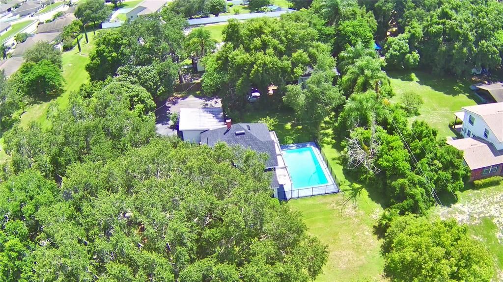 Aerial of the pool, house, garage, and apartments in the shade of the trees.