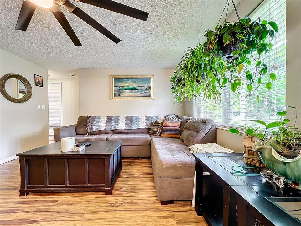 Great room with wood laminate flooring and lots of natural lighting for indoor plants!