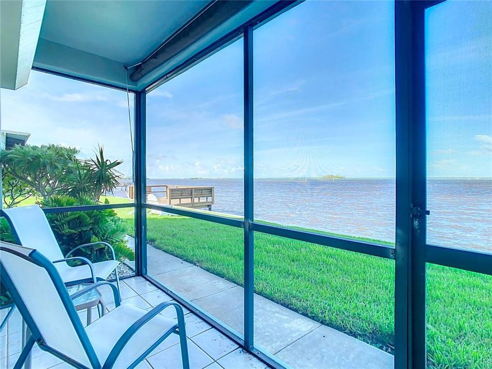 At the sliding door of the screen enclosed patio. What could be better than THIS??? View towards the southwest. That is Caldesi Island. Clearwater Beach is in the far distance, also. The community dock is just a few feet away. The pool is easily accessible by going  on the grass and around to the left.