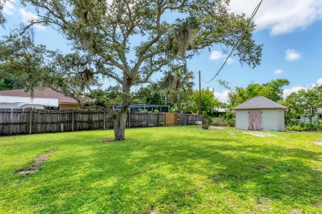 Spacious backyard with storage shed