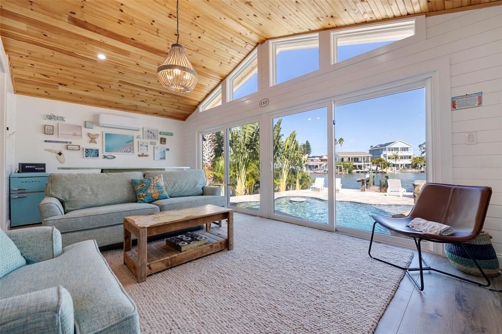 Living Room with waterfront views