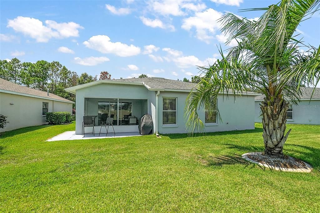 Backyard has enough room for a small pool, The Painted Concrete Pad wraps around the house and is a great place to sit and watch the golfers.