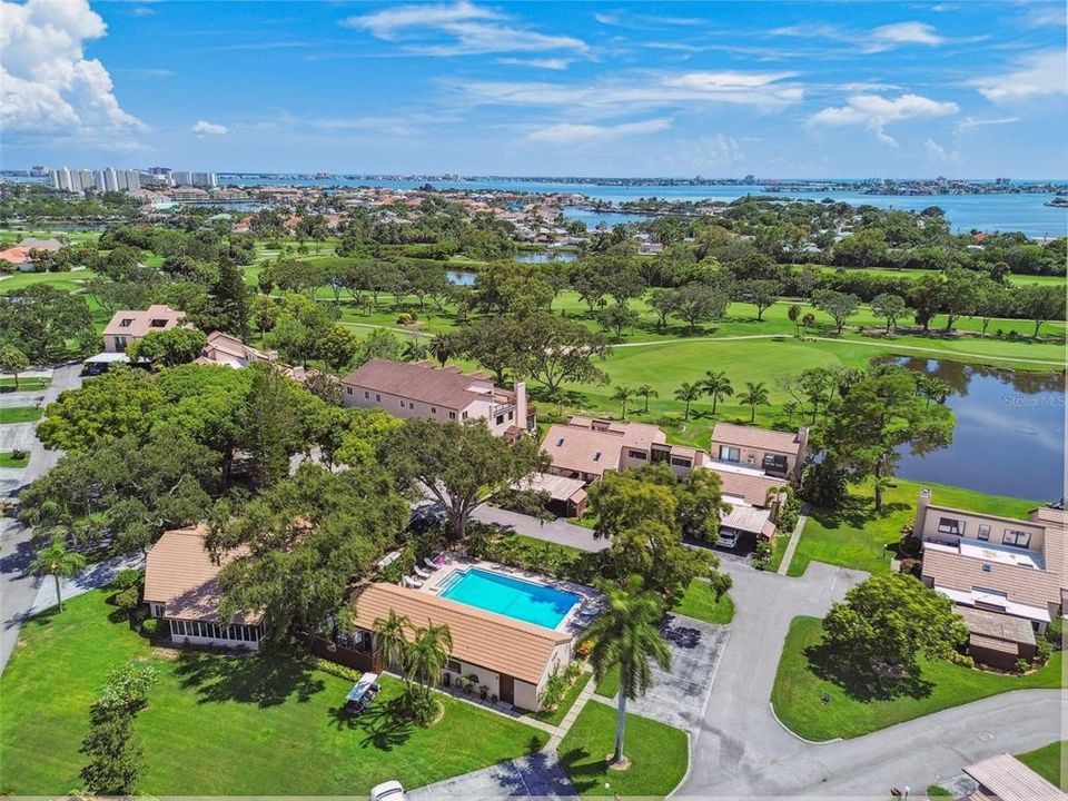 Aerial of clubhouse & pool