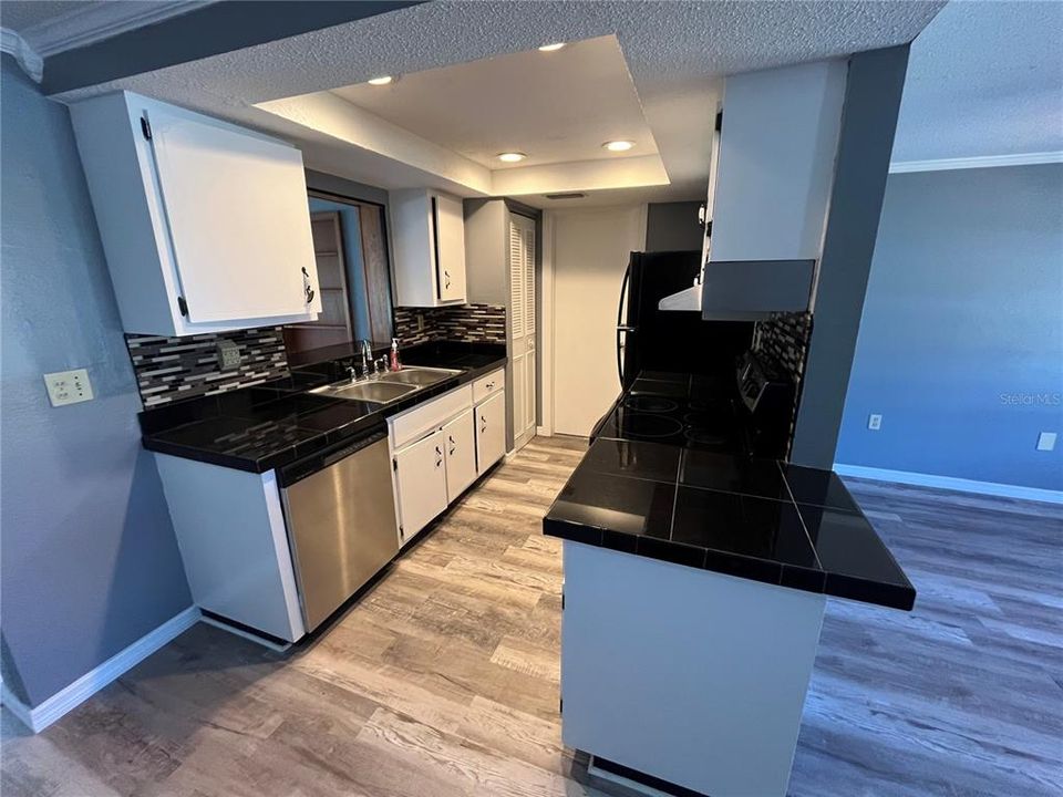 Vinal wood flooring throughout the entire home. Kitchen with Mosaic backsplash