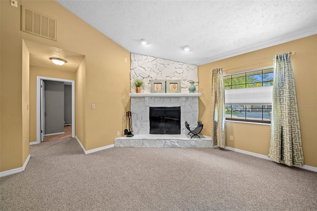 Living Room with Wood Burning Fireplace