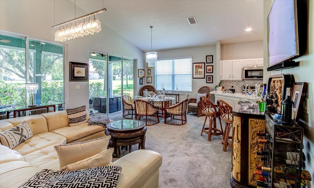 Chandelier over the sofa and dining table do not stay.