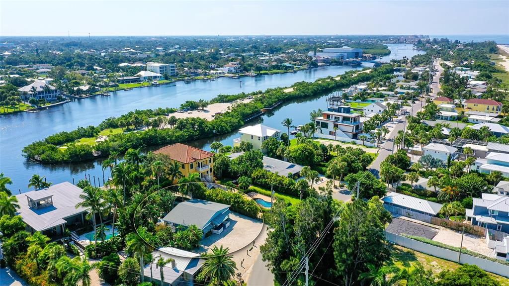 Aerial looking down intracoastal to Albee Farm bridge, access to Gulf of Mexico