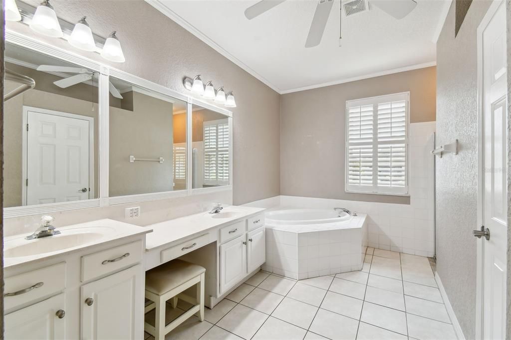 Dual sinks and vanity with garden tub,  separate shower and water closet