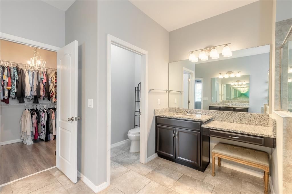 primary bathroom with view of large walk-in closet