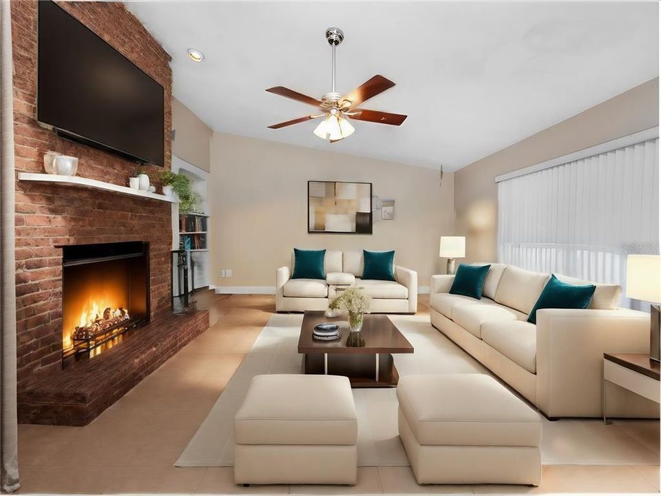 virtually staged living room with fireplace