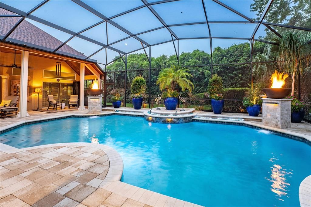 Natural gas fire features, waterfalls, and color LED lighting included with pool design.