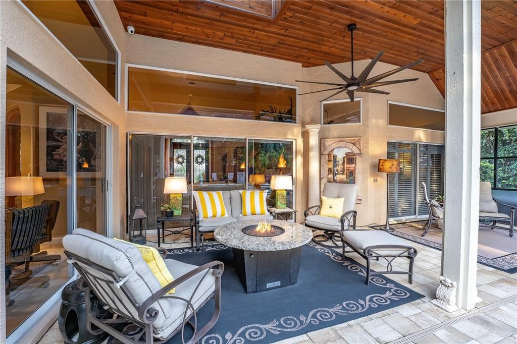 Tongue and groove ceilings with skylights cover the lanai that  offers  seating for 50+ guests.