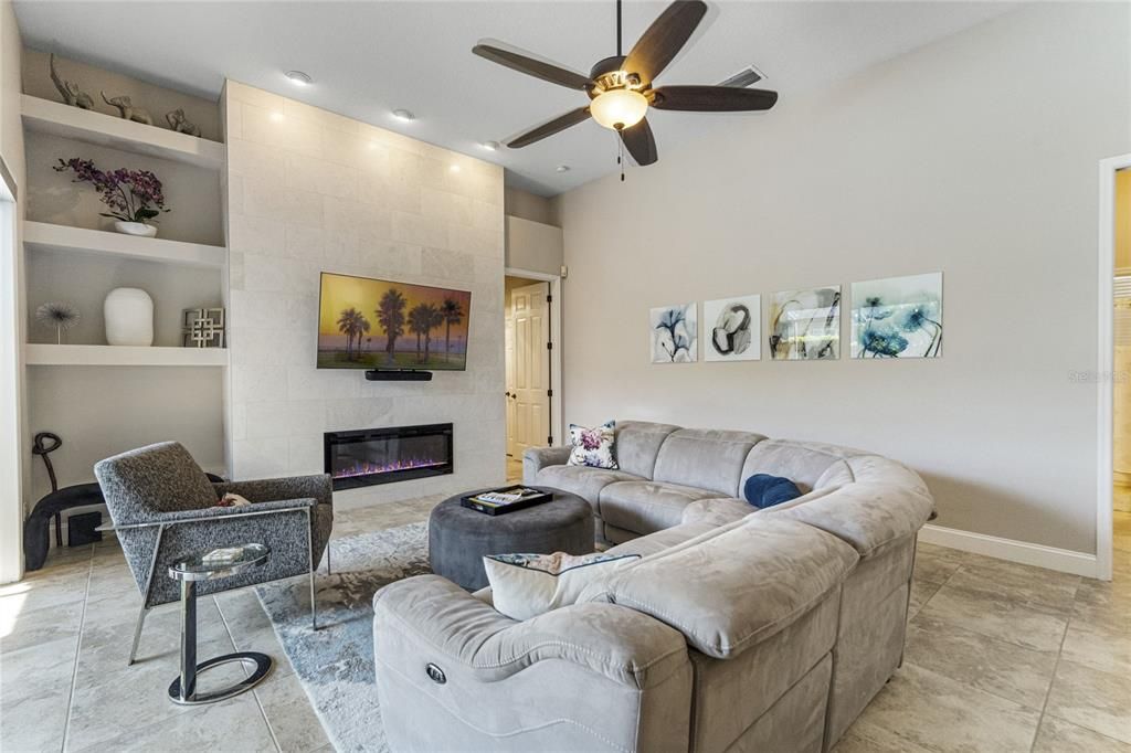 Family room with decorative fireplace