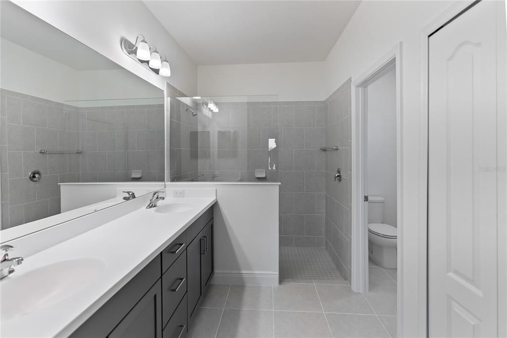 Master Bathroom Double Vanity, Shower, Water Closet, Linen Closet