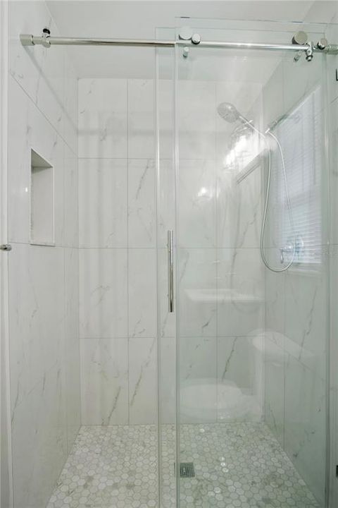 2nd bathroom with glass shower enclosure, porcelain tile