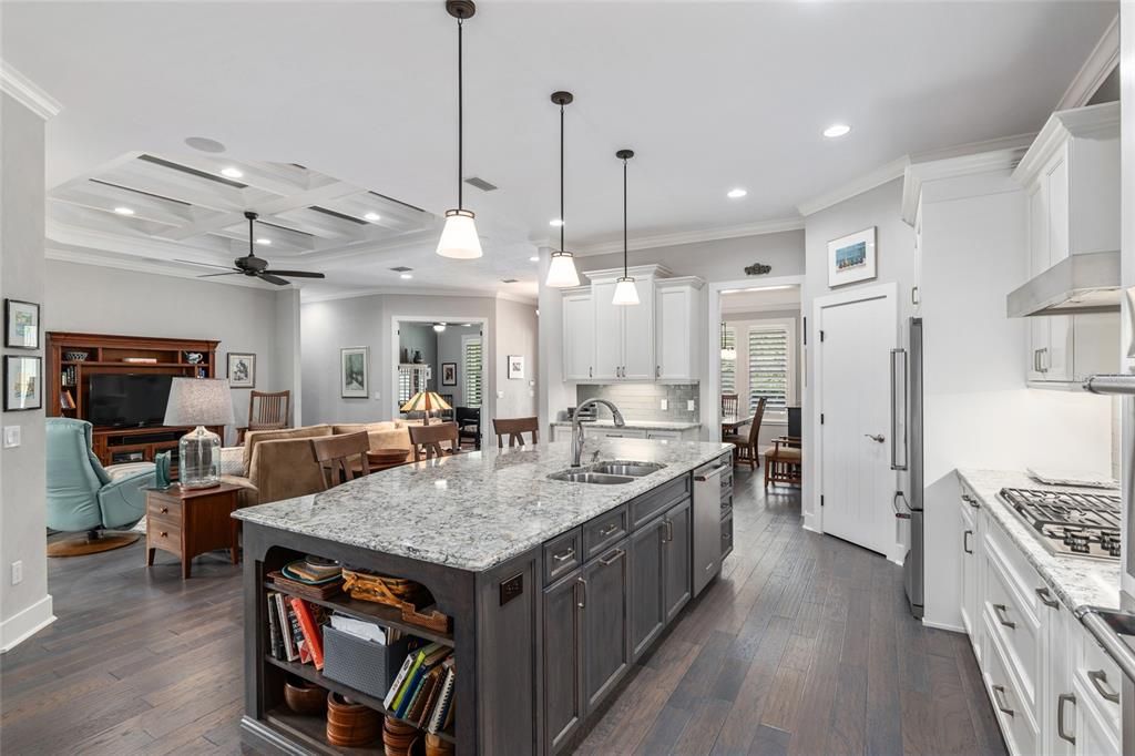 LOOKING FROM KITCHEN TO GREAT ROOM, STUDY BEYOND AND DOOR TO FORMAL DINING ROOM