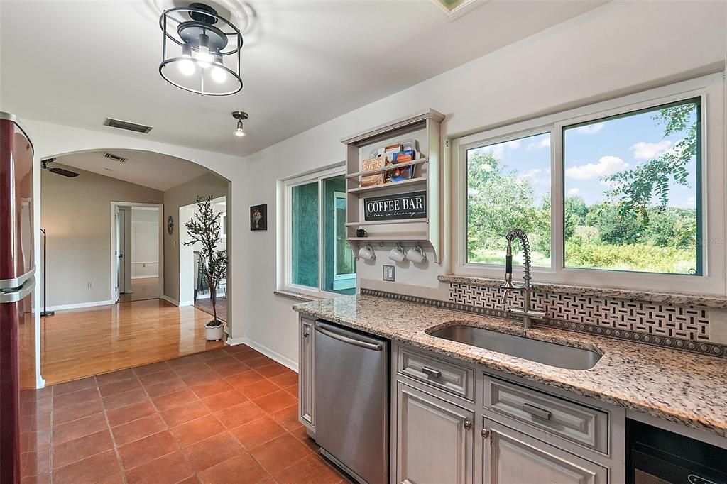 Kitchen has 2 large windows looking out to Lake Franklin