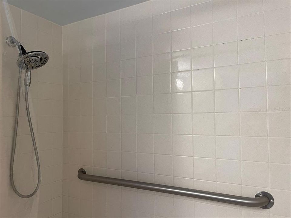 Ceramic wall to wall tiles in tub with shower. Two hand rails on North wall and East wall in shower.