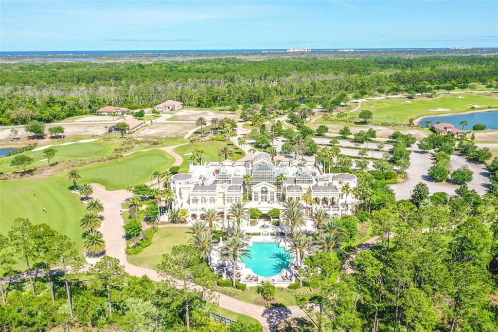 Aerial view of clubhouse and golf course