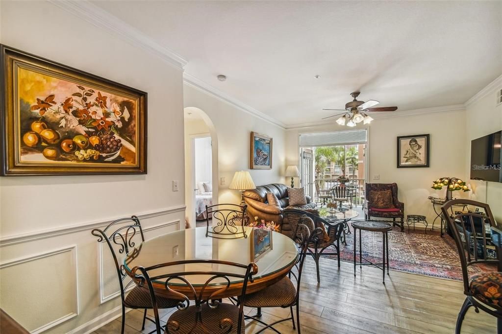 Dining area with view into living room and front porch