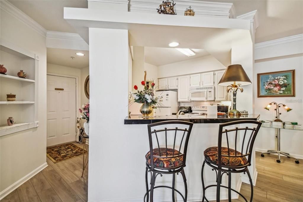 Entryway with view of kitchen bar