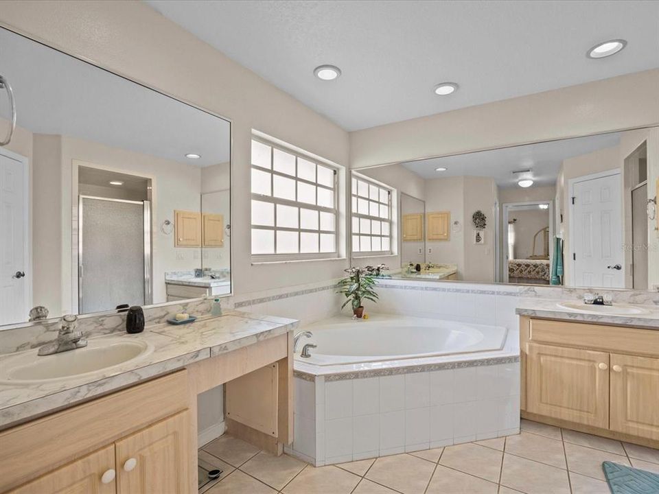 Master suite has 2 walk in closets, large window allowing tons of natural light, split vanities, soaking tub, large separate shower and private water closet.  Hers vanity counter lifts to give you access to a makeup drawer.