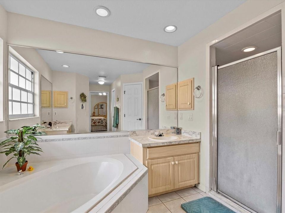 Master suite shower. Each vanity has its own medicine cabinet.