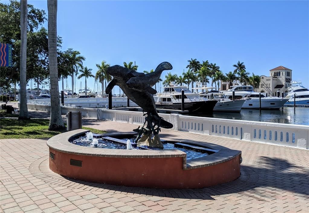 Downtown Bradenton's famous Riverwalk - here, the manatee sculpture fountain