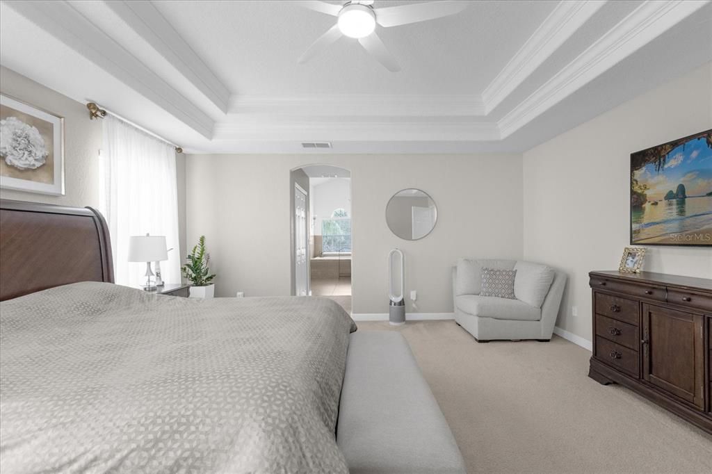 Primary bedroom with tray ceilings.  View into the bathroom