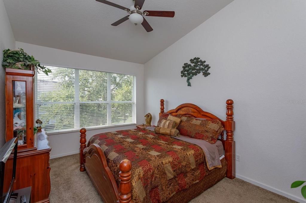 Primary bedroom with large windows overlooking greenbelt