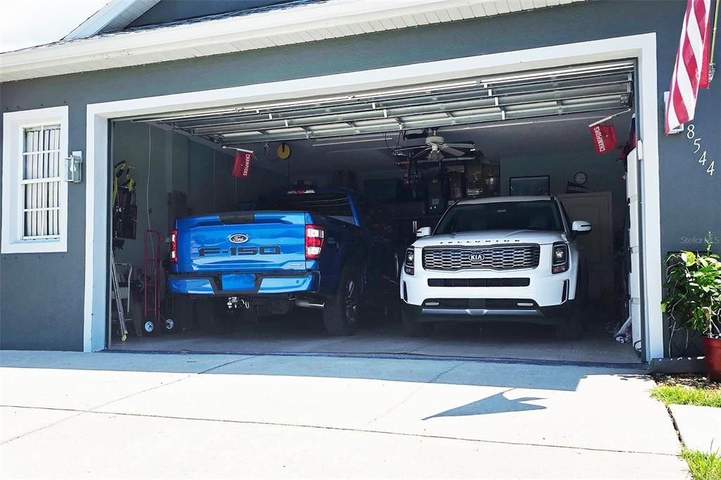 Oversized garage, big enough for 2 trucks + storage.