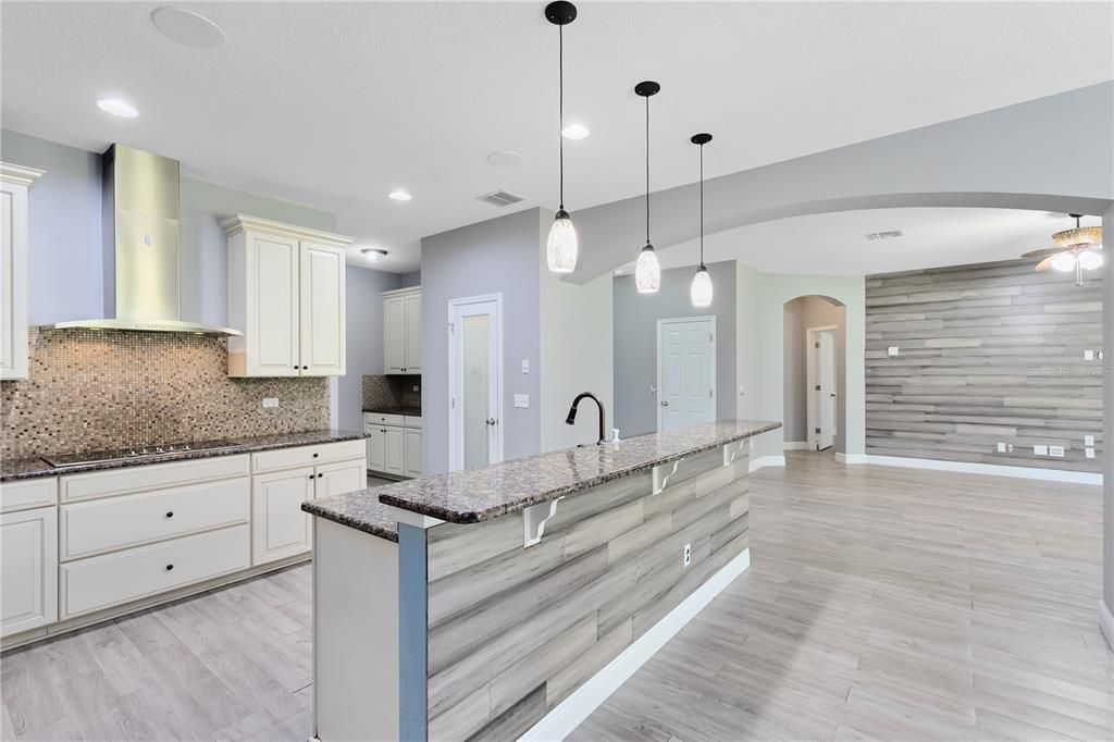 Kitchen w/ 42' cabinets, mosaic tile backsplash and modern range hood w/ island sink