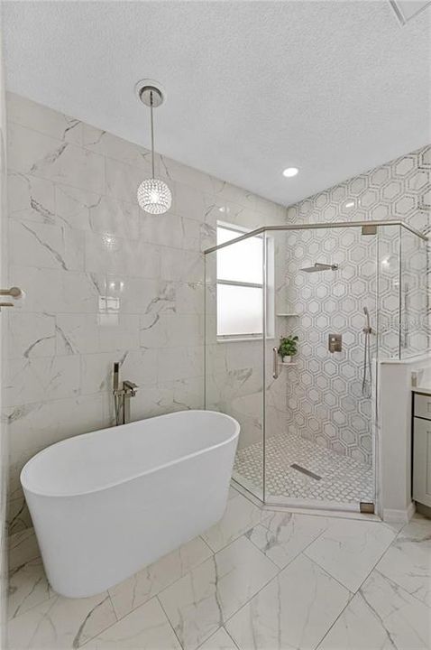 Master Bath; Free Standing tub; Large frameless corner shower, Rain and hand held sprayers, Marble like porcelain