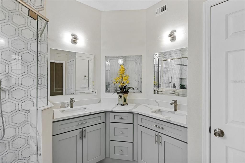 Sizeable Master Bath; Decorator mirrors, fixtures and lights; Door to private toilet area; Neutral colors waiting for your accents