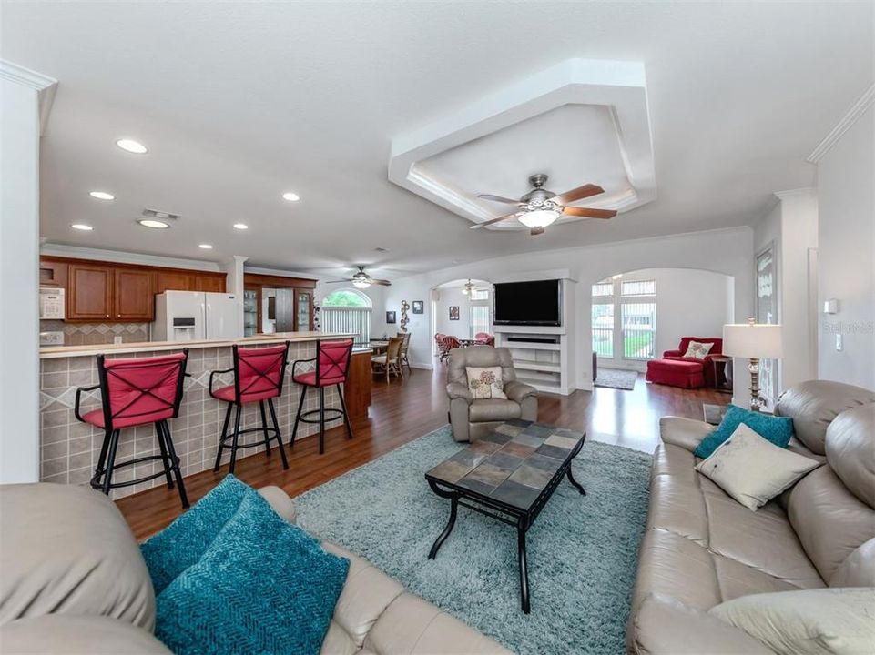 Living room and kitchen bar.