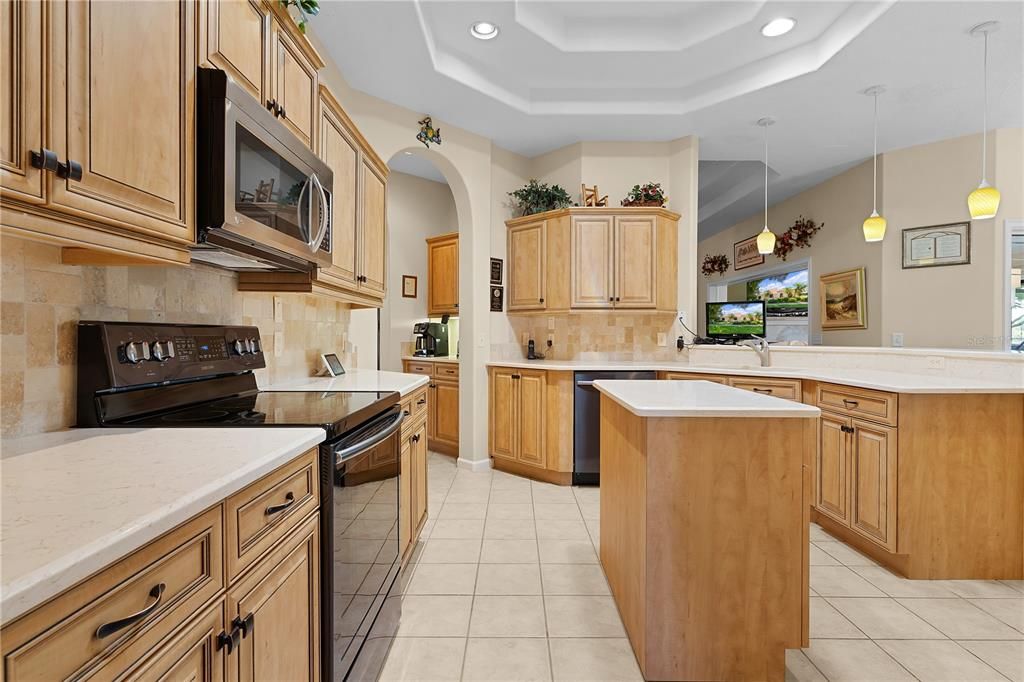 This stunning kitchen features a spacious island perfect for meal prep and entertaining, complemented by beautiful granite countertops and modern stainless steel appliances. The elegant tray ceiling adds a touch of sophistication to the space, creating an open and airy feel. Located in the Lakeside at Tavares subdivision, this kitchen is both stylish and functional, ideal for any home chef.