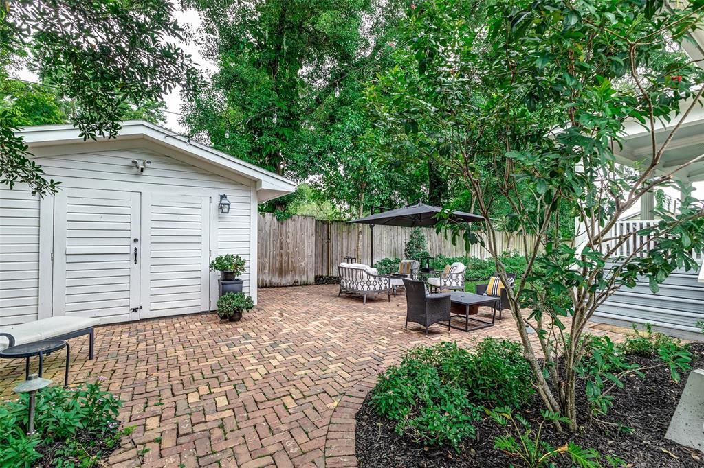 Open patio with shed